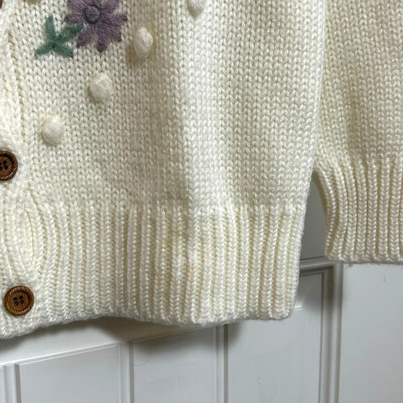 Vintage Floral Embroidered Cardigan Cream L/XL 3D Flowers Cottagecore Tie Neck - Picture 7 of 16